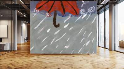 Children's drawing. soft focus. Umbrella on the background of the rain. Wall mural