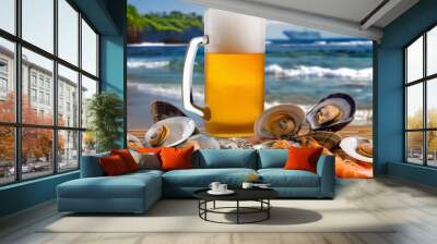 Cold beer in a mug, with a seafood appetizer. Beer banner. Seafood advertising Wall mural