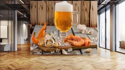 Cold beer with a seafood snack. Advertising of beer and seafood. Wall mural