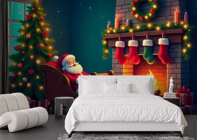 Cozy Christmas interior with Santa in a sled by the fireplace and decorated wood   Wall mural