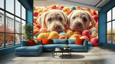 Cute white Labrador puppies sitting in colorful little balls and pose looking at camera Wall mural