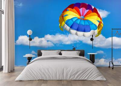 Gliding using a parachute on the background of cloudy blue sky. Wall mural