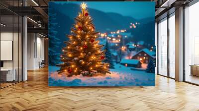 Glowing Christmas tree: overlooking the village, snowy mountains at dusk   Wall mural