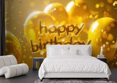 gold happy birthday text on festive golden background with flying golden confetti, celebratory, party video card, birthday greetings, events poster, birthday celebration. Wall mural