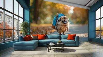 hedgehog on the street,  hedgehog with blue backpack Wall mural