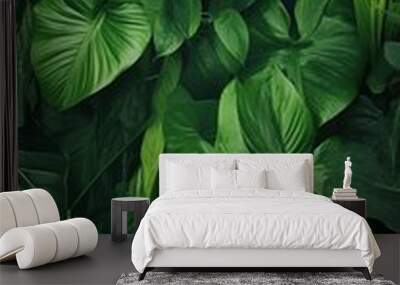 lush background of overlapping green monstera leaves creating a vibrant tropical scene, ideal for use in banners, travel brochures, or nature-inspired designs Wall mural