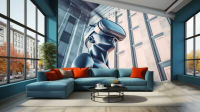 Metal statue of man wearing virtual reality goggles against the backdrop of panoramic windows. Bust of male with glasses. High quality illustration Wall mural