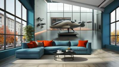 Mocap of conceptual urban air vehicles displayed in a modern showroom Wall mural