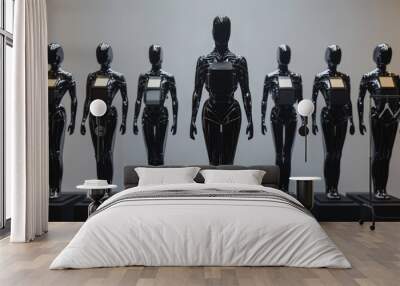 Mocap of futuristic wearable exoskeletons displayed on modern black mannequins Wall mural