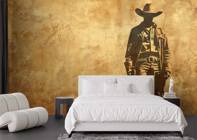 Silhouette of a cowboy in a hat with a revolver,  old paper Wall mural