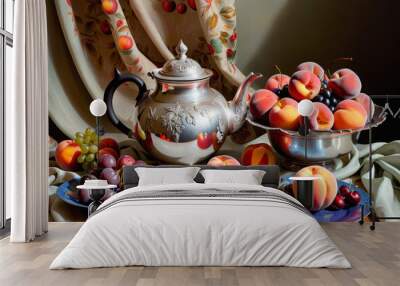 Still Life:Decorative silver teapot with juicy peaches and cherries in bright colors on the background of luxurious drapery Wall mural