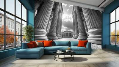 The image is a black and white photo of a building with columns Wall mural