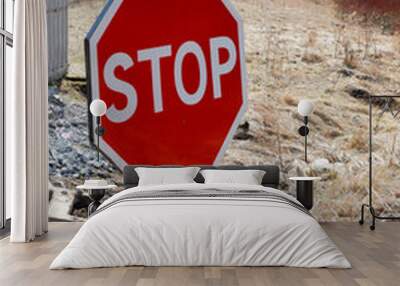 stop sign on the road in the countryside close up Wall mural