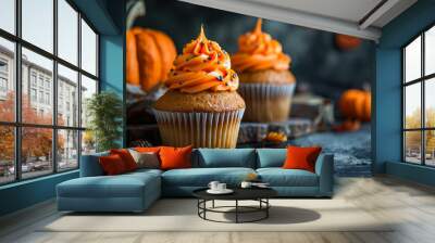 Two orange cupcakes with frosting Wall mural