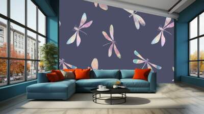 Watercolor drawing of a dragonfly, colorful wallpaper with insects on a blue background Wall mural