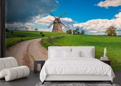 Countryside gravel road among spring fields and old windmill on horizon. Concept of ecological tourism in Baltic countries

 Wall mural