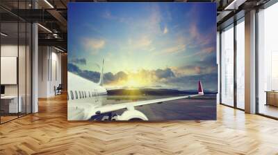 airplane wing at airport. vintage business travel concept. Vintage style picture Wall mural