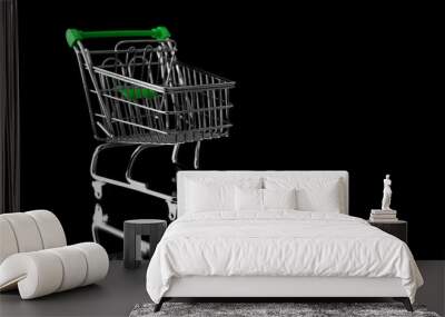 Empty metal supermarket trolley or shopping cart isolated on black background with copy space. Concept of sales ,  discounts , shopping, e-shopping, business and ecology Wall mural