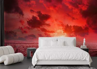 Red sunrise . Aerial View of Paris skyline and Eiffel tower, France.  travel concept Wall mural