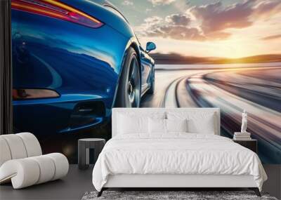 Blue business car speeding on high-speed highway curve, rear view of vehicle racing on road Wall mural