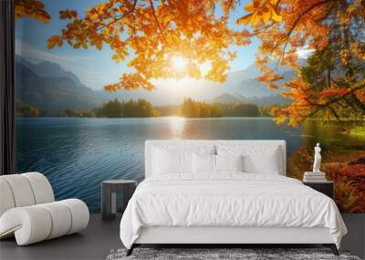 Breathtaking autumn sunset over hintersee lake on a sunny day, creating a stunning natural spectacle Wall mural