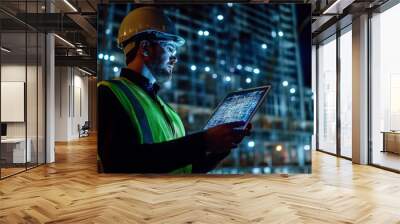 Engineer in high visibility vest and hard hat with holographic map at night on construction site Wall mural