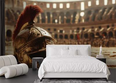 Gladiator helmet resting on arena floor with coliseum in background  a blend of history and fantasy Wall mural