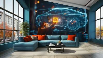 Man interacting with holographic smart car interface in a stunning 3d technology visualization Wall mural