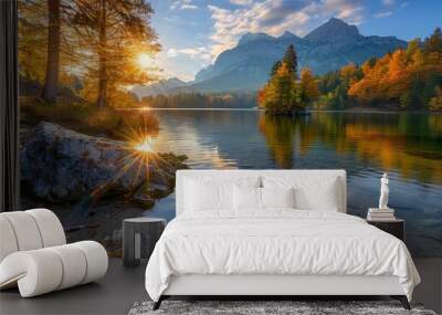 Vibrant autumn sunset over hintersee lake on a sunny day captures stunning beauty Wall mural