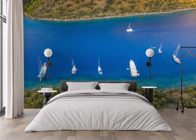 aerial view to sea bay with yachts between two shores Wall mural