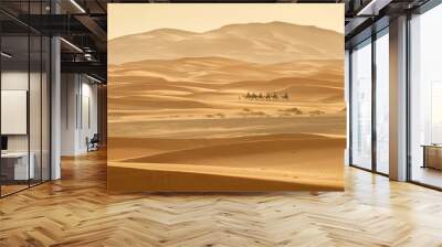 caravan go by sand dunes in Sahara desert in Morocco Wall mural