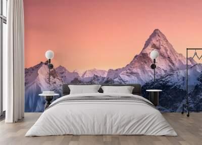 Panoramic view to summit Ama Dablam and snow peaks with beautiful light after sunset in Nepal Wall mural