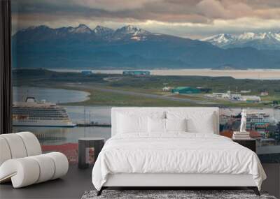 wide angle panorama of Ushauia city with coast line and mountains on horizon Wall mural