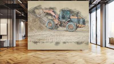 Dogital sketch of backhoe loader or bulldozer - excavator work on construction site or sand pit Wall mural