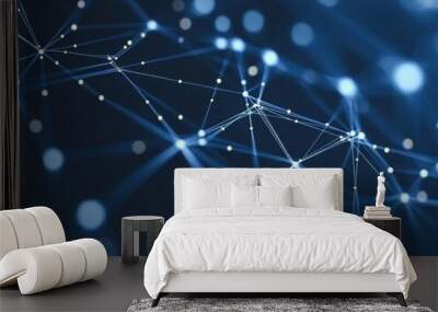 A digital abstract background featuring interconnected white dots and lines on a deep blue backdrop, resembling a network or technological grid. Wall mural