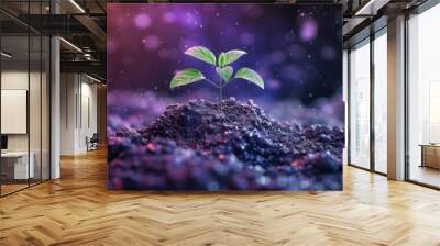 A small plant sprouting from the ground in a high-tech, futuristic setting. The image has a cinematic, 8K quality with a vibrant, colorful background. Wall mural