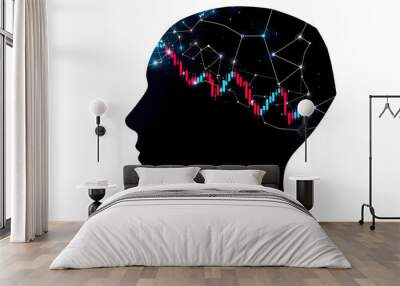 Abstract dark man head space outline with forex chart. Brainstorm and trade concept isolated with white highlights, png Wall mural