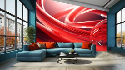 Abstract geometric red background with glass spiral tubes, flow clear fluid with dispersion and refraction effect, crystal composition of flexible twisted pipes, modern 3d wallpaper, design element  Wall mural