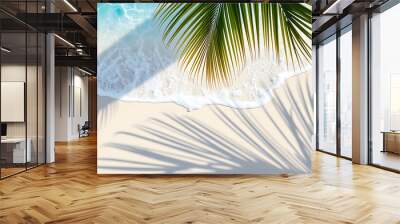 abstract sand beach with palm leaf shadow and blue water wave from above, summer vacation outdoors in tropical paradise nature, background with space isolated with white highlights, png Wall mural