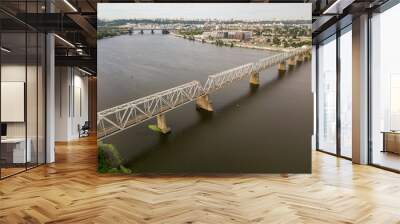 Aerial drone view. Railway bridge over the Dnieper river in Kiev. Wall mural