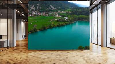 Aerial view of Most Na Soci lake in beautiful colors near Tolmin in Slovenia. Summer cloud day. Travel and vacation. Copy space Wall mural