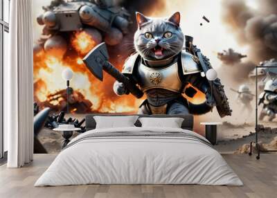 An imperial armored gray cat warrior  screams angrily on the battlefield during a battle Wall mural