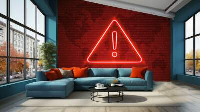 Attention Danger Hacking. Neon Symbol on Red Map Background. Security protection, Malware, Hack Attack, Data Breach Concept. System hacked error, Attacker alert sign computer virus. Ransomware. Vector Wall mural