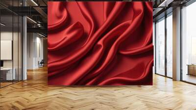 Background with empty red silk flowing fabric background, luxurious fabric textile decoration for poster, banner or cover design, for luxury product display with copy space Wall mural