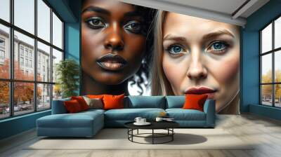 beauty image with two women with different age, skin and body isolated with white highlights, png Wall mural