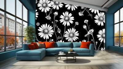 Black and white floral seamless pattern . Vintage 70s style hippie flower background design. Y2k nature backdrop with daisy flowers isolated with white highlights, png Wall mural