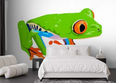 Bright green frog isolated on white background. Tropical toad Wall mural