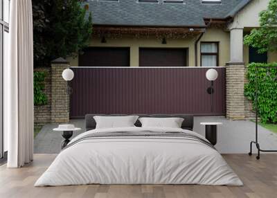 Brown automatic sliding metal gate with corrugated sheet Wall mural