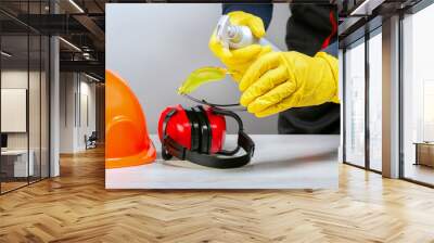 Builder preparation safety clothes and equipment in workplace during coronavirus. Wall mural