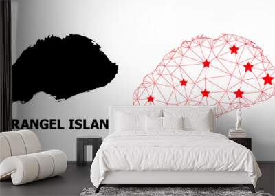 Carcass polygonal and solid map of Wrangel Island. Vector model is created from map of Wrangel Island with red stars. Abstract lines and stars are combined into map of Wrangel Island. Wall mural